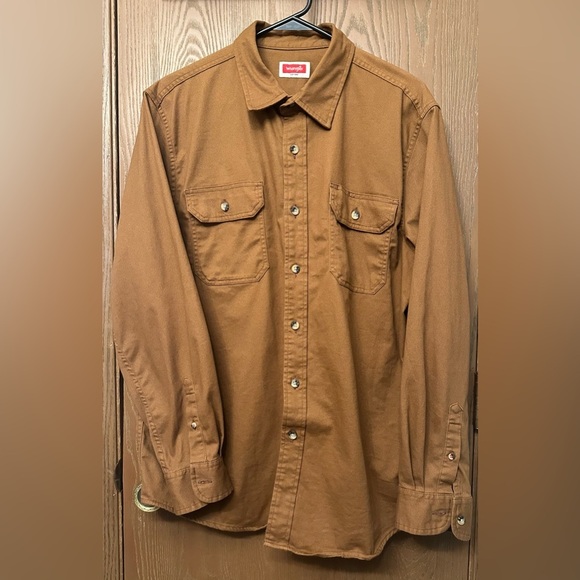 WRANGLER Men’s Flannel Shirt Cotton Long Sleeve Brown Button Front Size Large - Picture 1 of 10